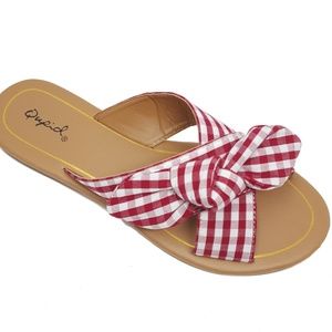 Red Gingham Plaid Knotted Bow Casual Slide Sandals